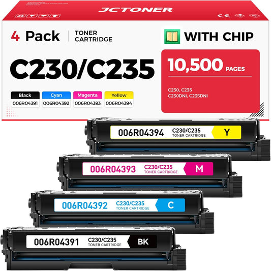C230 C235 Toner Cartridge with Chip High Capacity Set 4-Pack Replacement for Xerox 006R04391 006R04392 006R04393 006R04394 Compatible with Xerox C230 C235 C230DNI C235DNI C225 Printer Black and Color