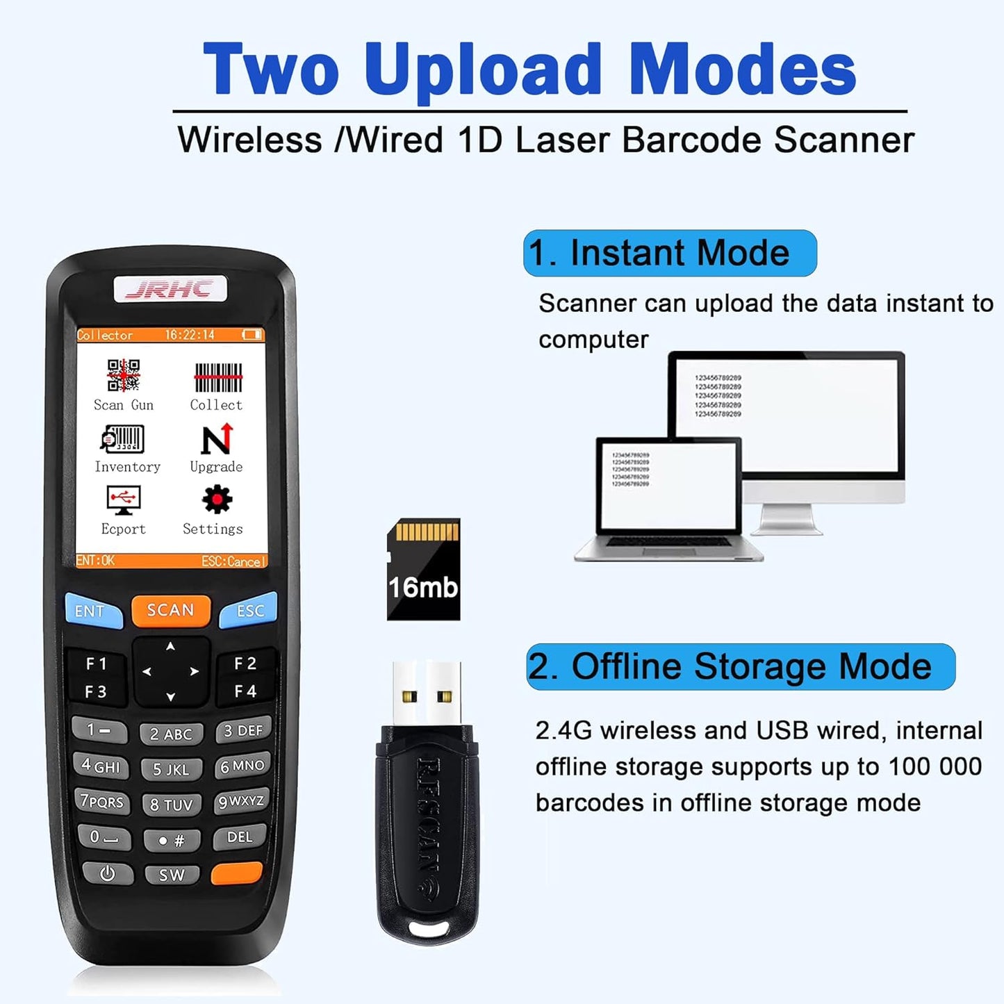 1D Wireless Bar Code Scanner, JRHC Laser Barcode Scanner Inventory Scanner Reader with Screen Data Collector Portable Reader Scan Gun Cordless for Store, Supermarket, Warehouse, Library, Medical