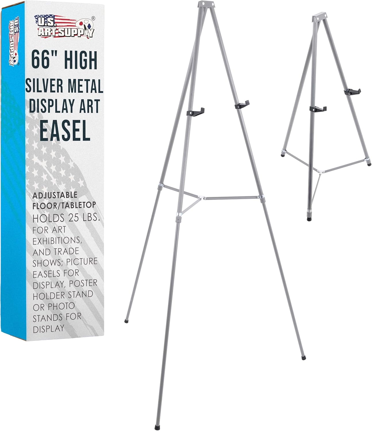 U.S. Art Supply 66" High Gallery Silver Metal Display Easel - Large Adjustable Height Portable Easel Stand, Sign Display, Holds 25 lbs - Floor & Tabletop Easels, Painting Stand