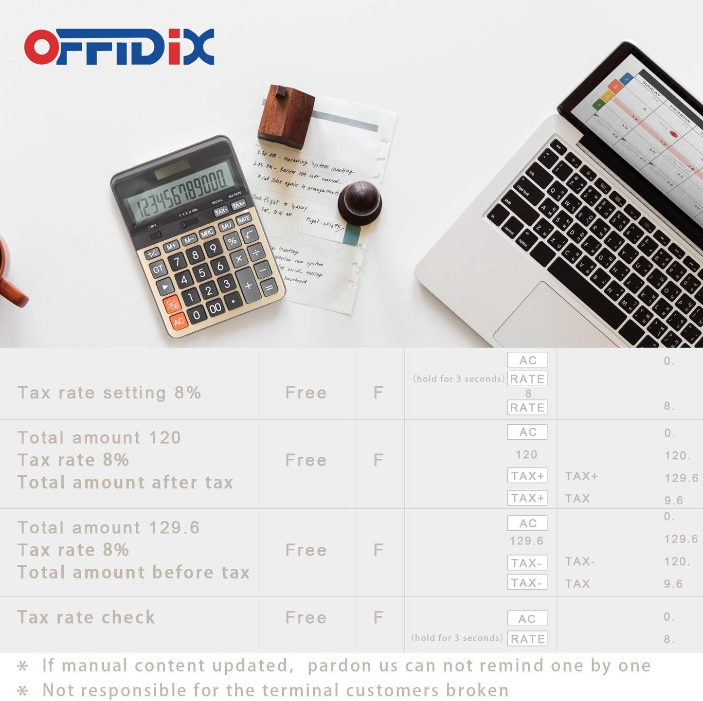 OFFIDIX Desktop Calculator with Large 12 Digit LCD Display, Solar Battery Dual Power, Perfect for Office, Home, School