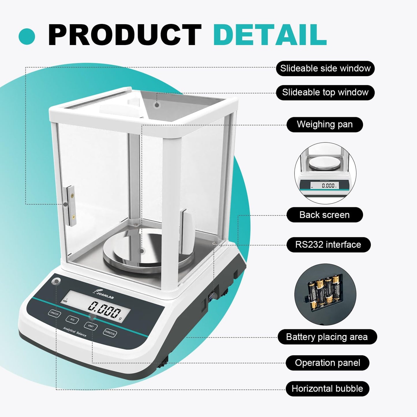JOANLAB Analytical Balance 500g x 1mg Scale High Precision 0.001g Accuracy Digital Lab Scale for Laboratory Pharmacy Jewelry w/Front & Rear Display