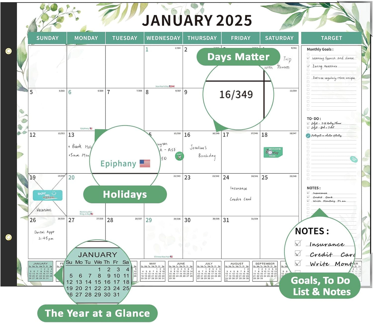 Ospelelf Desk Calendar 2025-2026 Large 22"x17" Monthly Planner Pad with Plastic Cover 18 Months Green Leaves