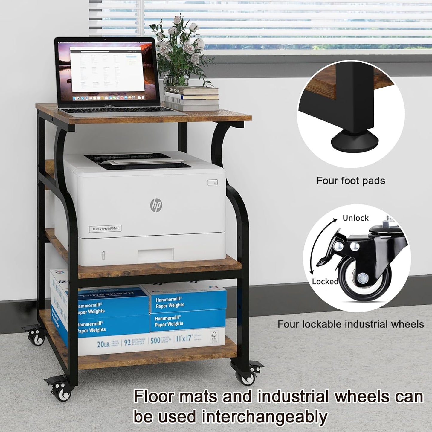 Natwind Large 3-Tier Rolling Printer Cart with Adjustable Shelf, 24”x20” Mobile Stand for Heat Press, 3D Printer, Home Office Multifunctional Shelves with Locking Wheels (Retro)