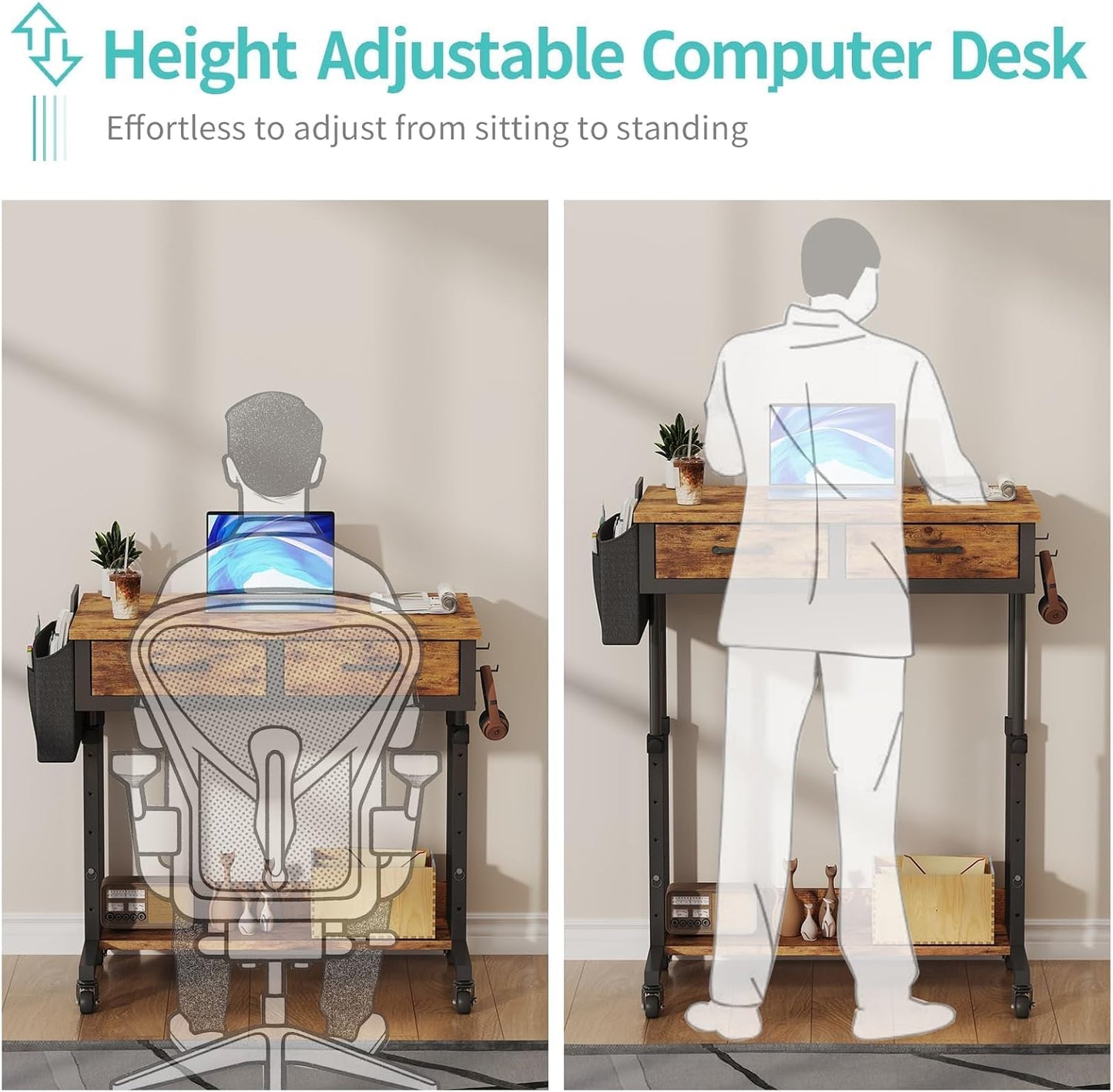 Small Portable Standing Rolling Desk - 32 Inch Adjustable Mobile Stand Up Teacher Desks with 2 Fabric Drawers on Wheels, Couch Sofa Side Laptop Table with Storage for Bedroom Home Office, Rustic Brown