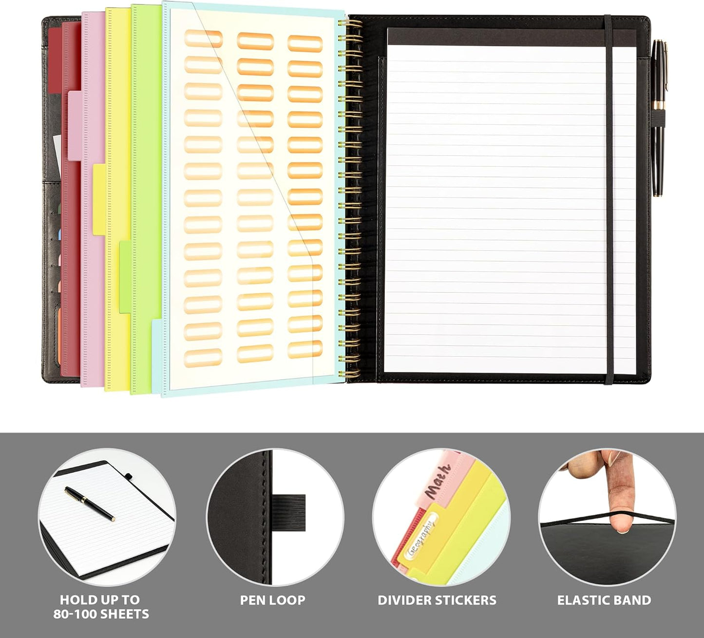 Clipboard with Storage for Men Women, Leather Padfolio Portfolio Organizer 5 Folders with 10 Pockets, Spiral Clipboard Folio with Notepad for Letter Size, Elastic Closure and Pen Loop Black