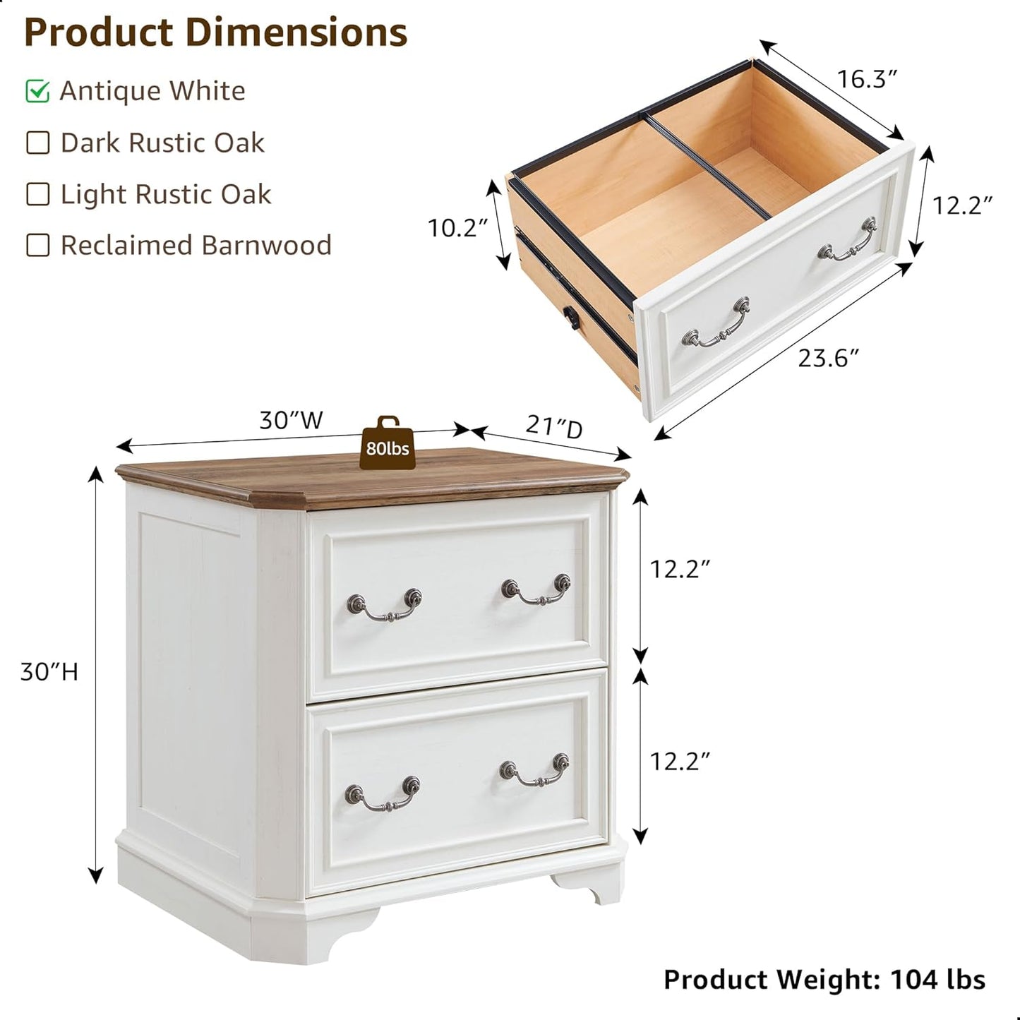 T4TREAM 2 Drawer File Cabinet Set of 2, 30" Wide Wooden Extended Desktop, Farmhouse Filing Cabinet with Smooth Rails, Holds Letter/Legal/A4, Hexagonal Design & Framed Drawer Fronts, Antique White