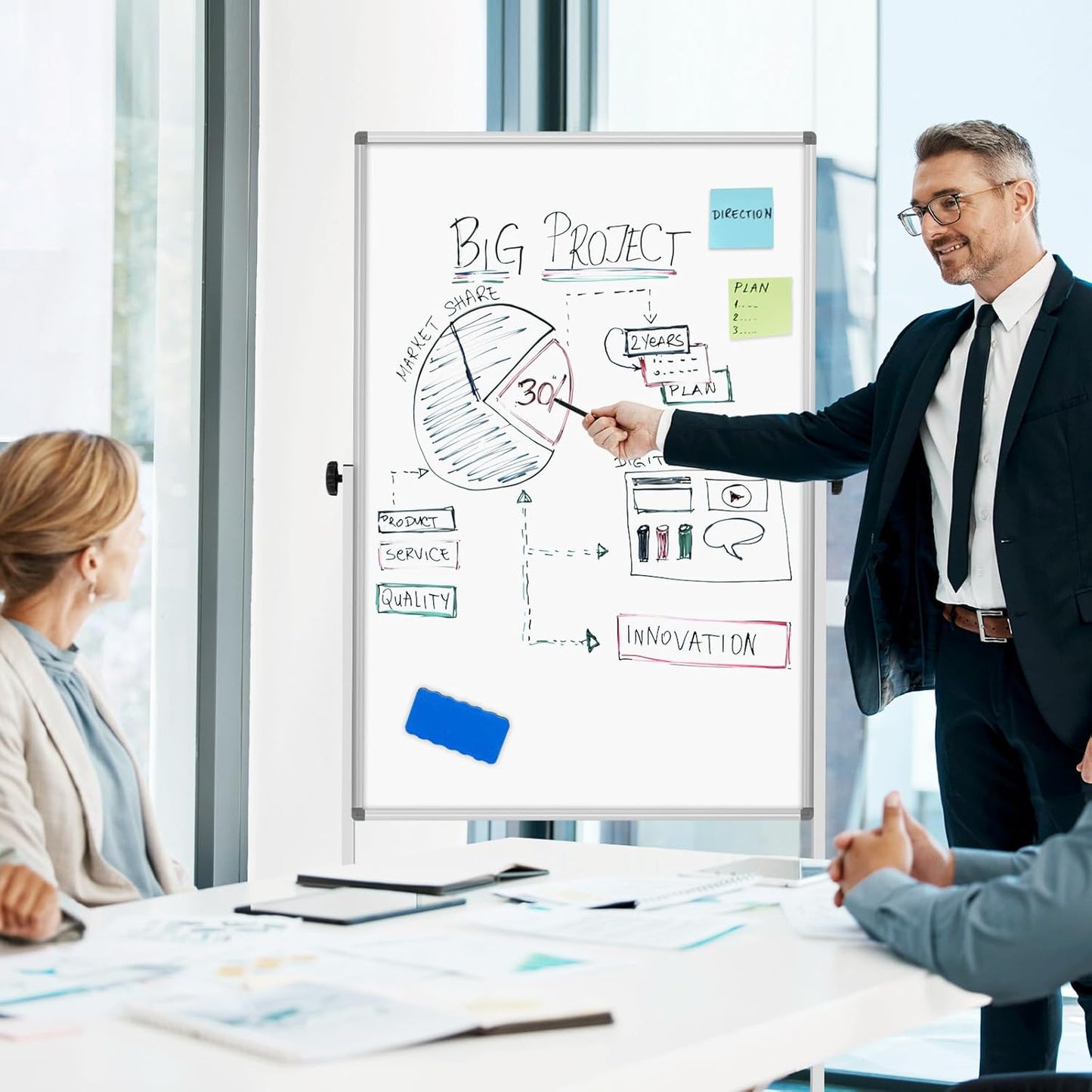 [13 Sq/ft] WALGLASS Rolling Whiteboard & Corkboard Combo with Stand, 24"x40" Reversible Double-Sided White Board Cork Board Combination, Mobile Dry Erase and Bulletin Boards on Wheels