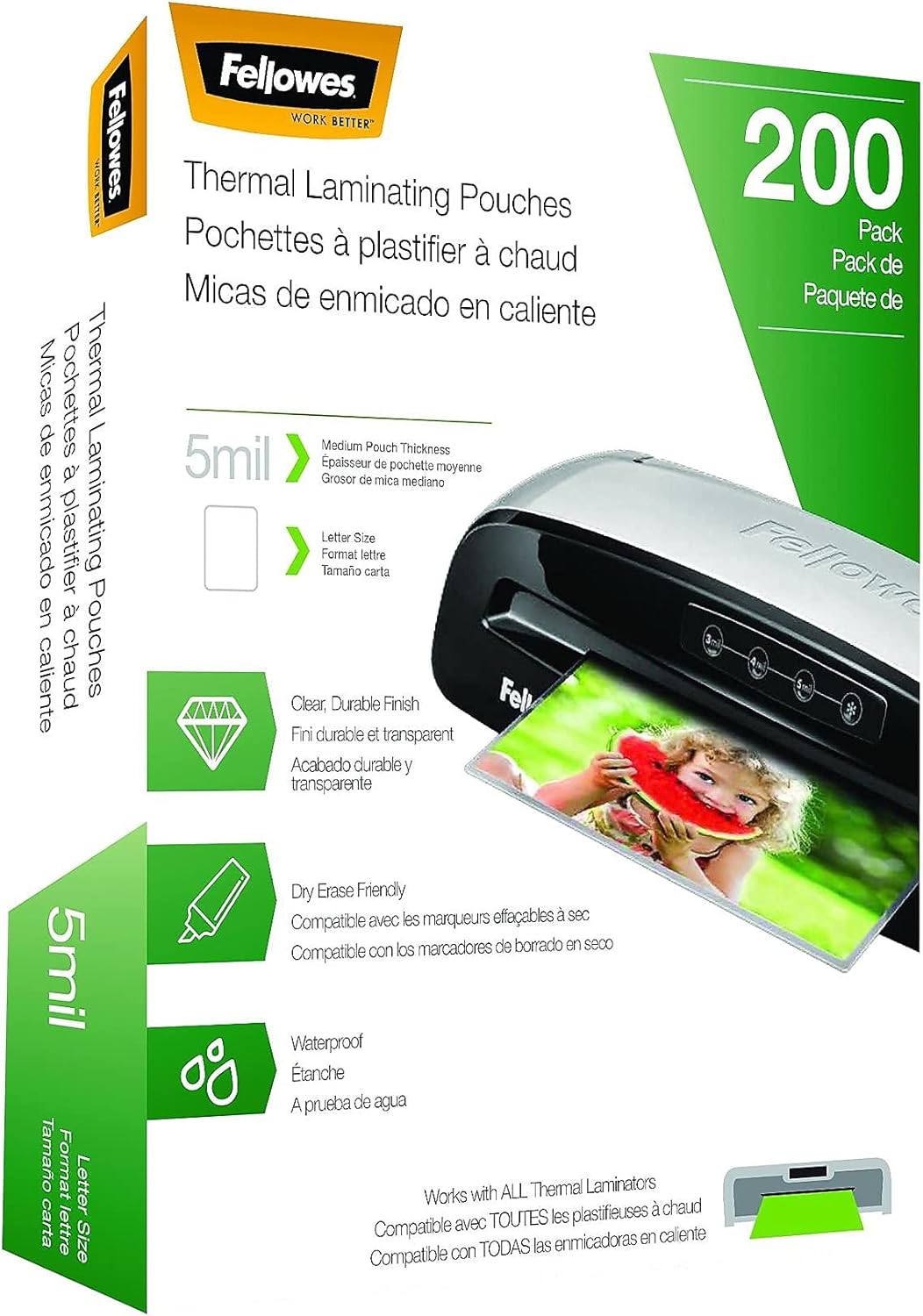 Fellowes Thermal Laminating Pouches, Letter Size Sheets, 5mil 200pk, Clear (5743601)