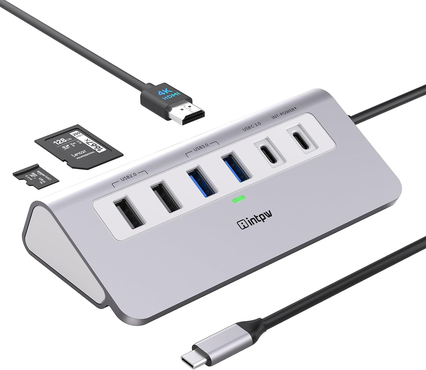 USB C Hub, INTPW 9-in-1 USB C Hub Multiport Adapter with 4K HDMI, PD 100W, Type-C and 2 USB A 3.0 5Gbps, 2 USB A 2.0, SD/TF Card Reader, Aluminum USB Hub for Laptop, iPhone 16/15 Series, MacBook, iPad