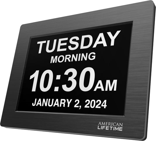 American Lifetime Large Digital Wall Clock for Seniors, Black Polished, 8-Inch High Resolution Display, Easy to Read, Customizable Alarms, Auto-Dimming, Multi-Language Support, Battery Backup