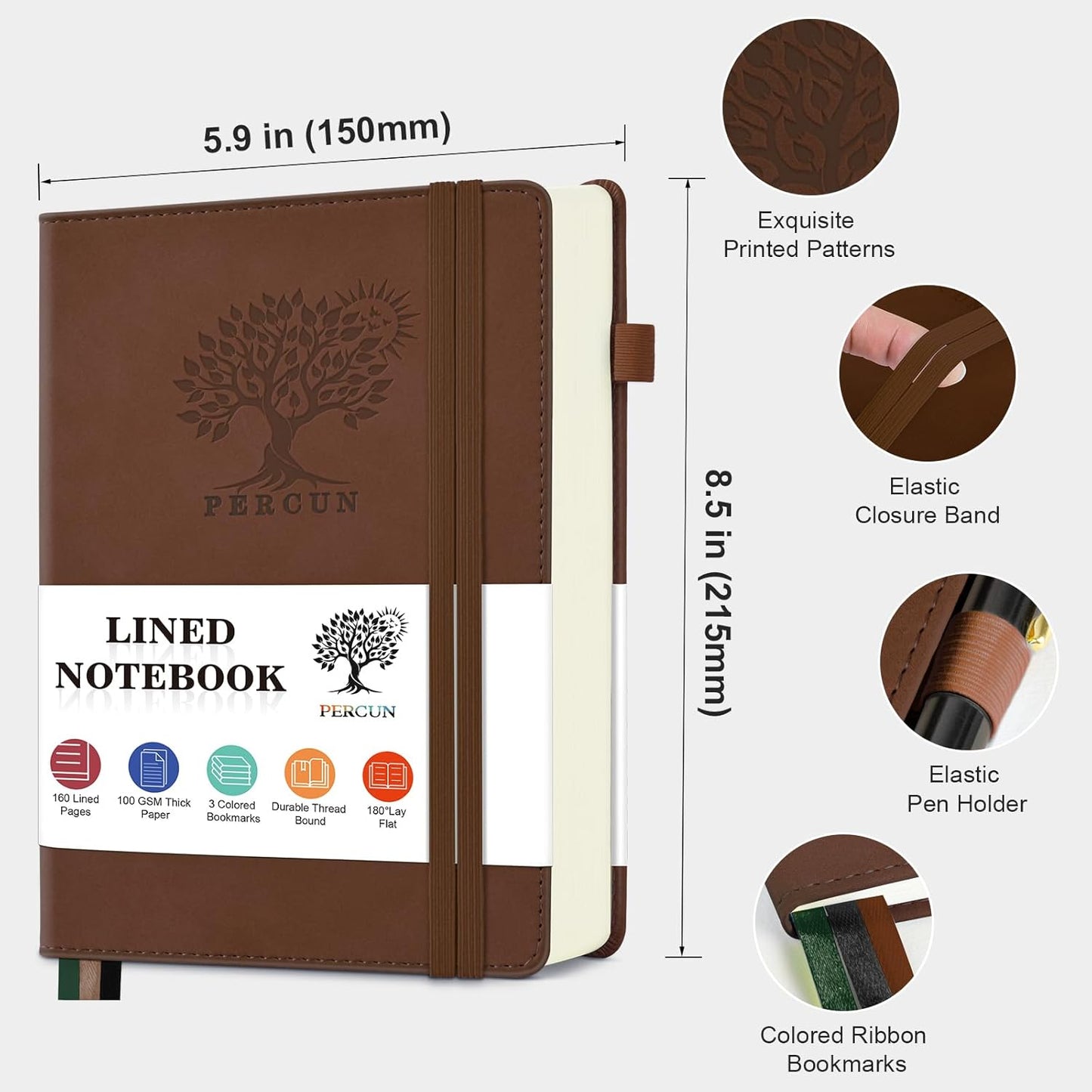 Lined Journal Notebook for Men & Women, 160 Pages College Ruled Journal for Writing, A5 Hardcover Leather Notebooks for Work, School, Business, Travel, Daily Diary 5.9" x 8.5" - Brown