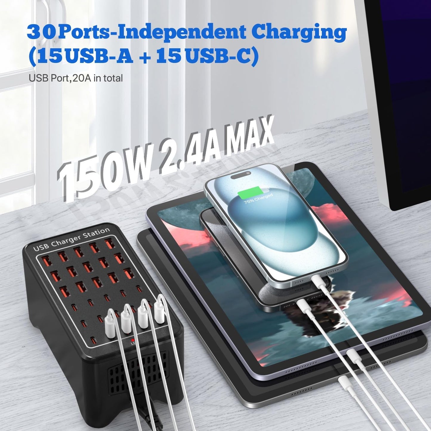 Charging Station, USB C Charger Block, 150W 30-Port【15USB-C + 15USB-A】, Travel Charger Station Fast Charger Desktop USB Wall Charger Compatible iPhone, iPad, Tablets, Smartphones