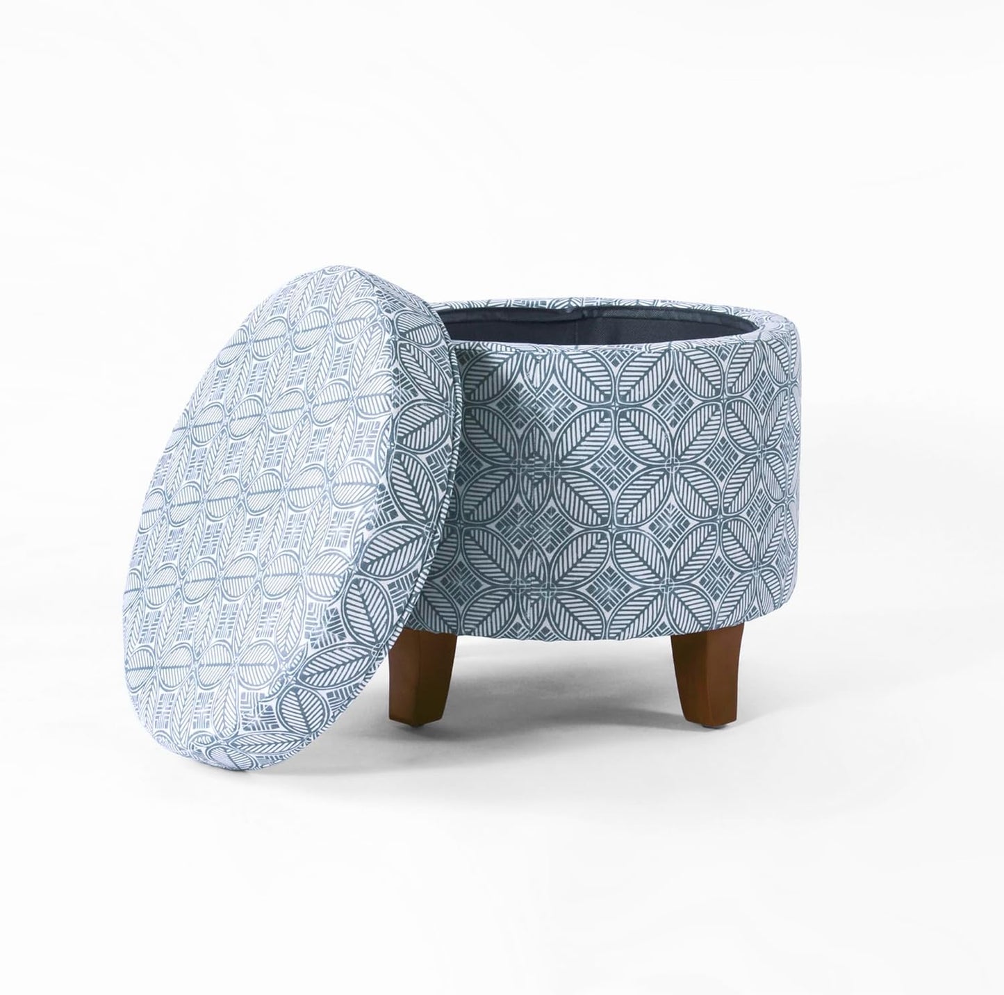 HomePop Upholstered Round Storage Ottoman|Homepop Home Décor|Upholstered Round Foot Rest Ottoman -Blue Indigo Print