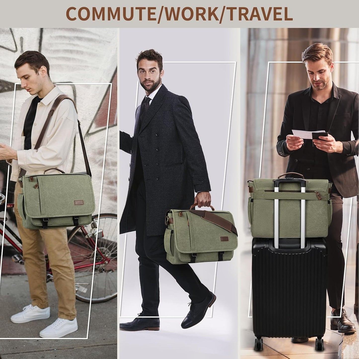 ESTARER Men's Messenger Bag 17.3 Inch, Water-resistant Canvas Laptop Bag, Computer Shoulder Bag for College Travel Work, Army Green