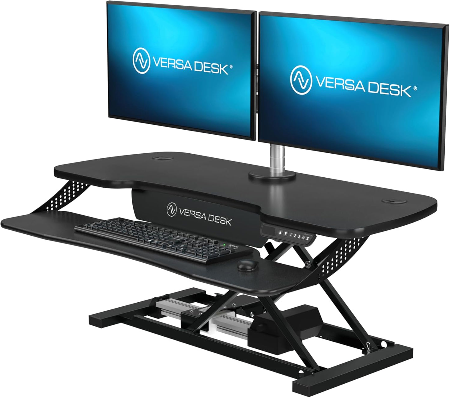 VERSADESK PowerPro™ Elite Electric Standing Desk Converter - App Controlled Desk Riser with USB Charging Port & LED Lights - Height Adjustable, Fully Assembled & Supports 80 lbs | Black (40” x 24")