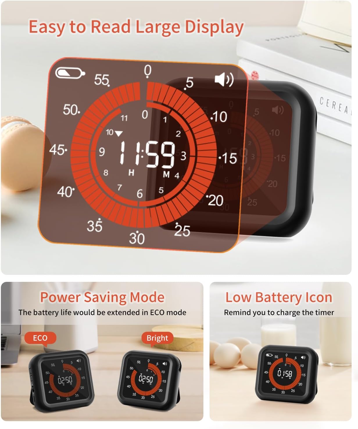 Digital Visual Timer - Large Display Magnetic Countdown Timer with Adjustable Volume and Brightness, 11H59M Memory Function for Kitchen, Classroom, Study Time Management, Seniors & Teachers