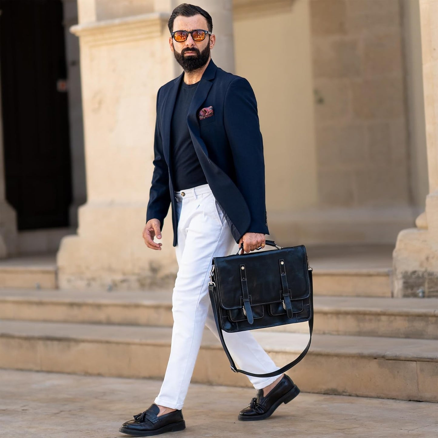 Time Resistance Leather Briefcase – Italian Handmade Leather Laptop Bag – Briefcase Convertible into Backpack