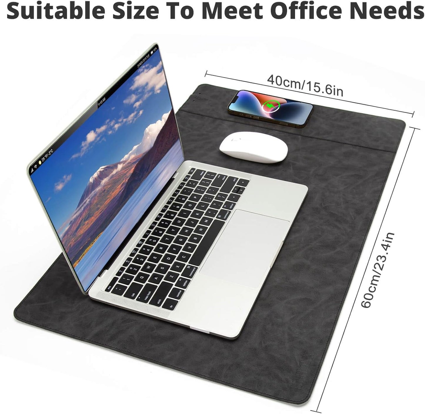 Magnetic Wireless Charging Desk Mat, 23.4"x15.6" Large Office Mouse Pad, Microfiber Leather Mouse Mat with Ultra-Smooth Surface, Waterproof Computer Keyboard Desk Mat for Office & Home, Laptop, Grey