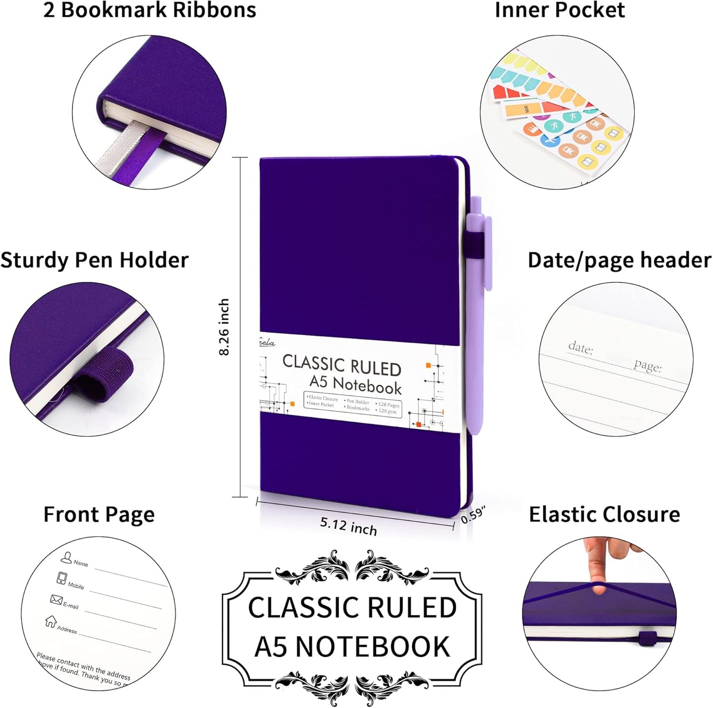 feela 12 Pack Notebooks Journals Bulk, Hardcover Notebook Classic Ruled Journal Set with Pen Holder for School Business Work Travel Writing, with 12 Black Pens, 120 GSM, 5.1”x8.3”, A5, Purple