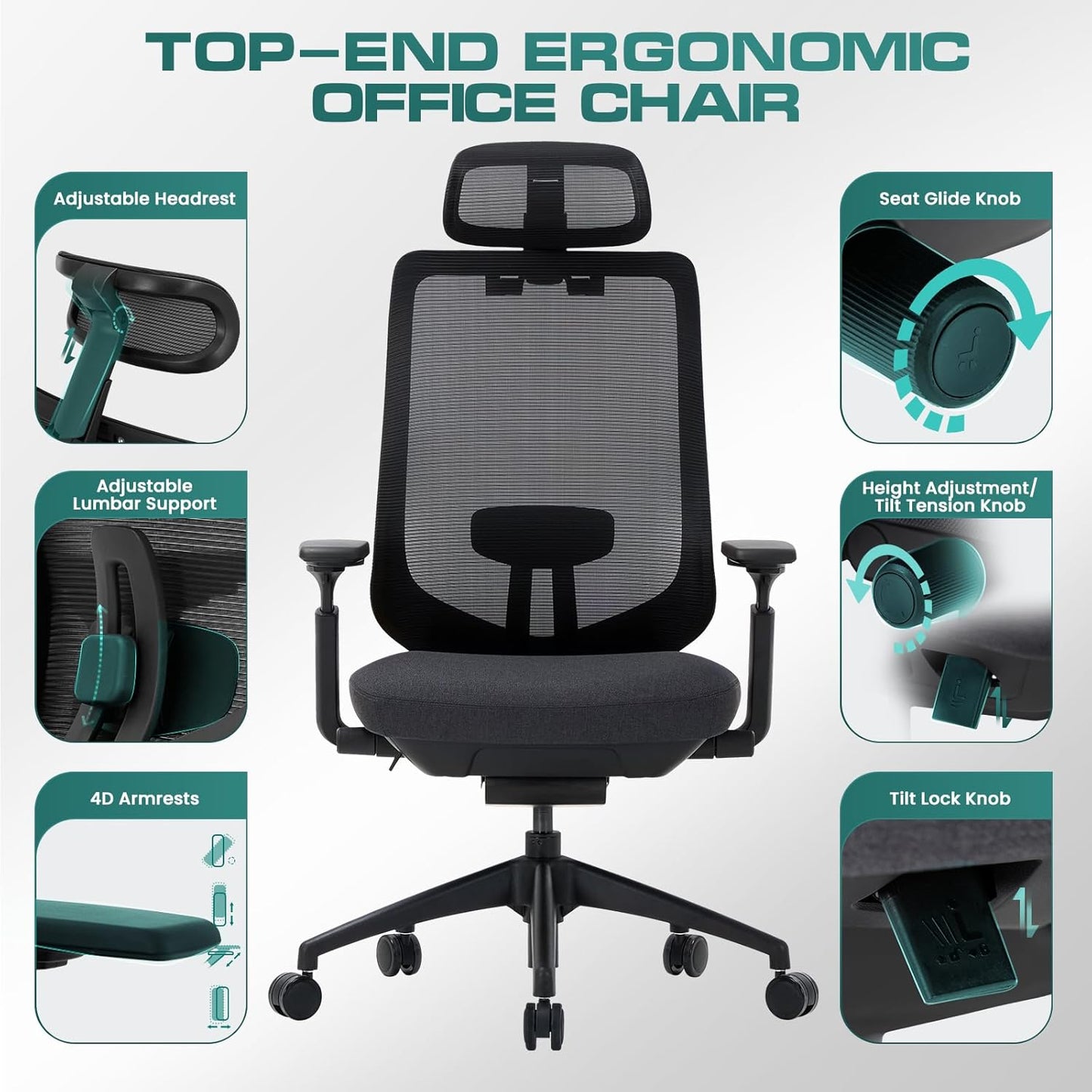 COLAMY Ergonomic Mesh Office Chair,High Back Computer Executive Desk Chair,Lumbar Support with Adjustable Headrest and 4D Arms, Slide Seat, Tilt Lock-Black
