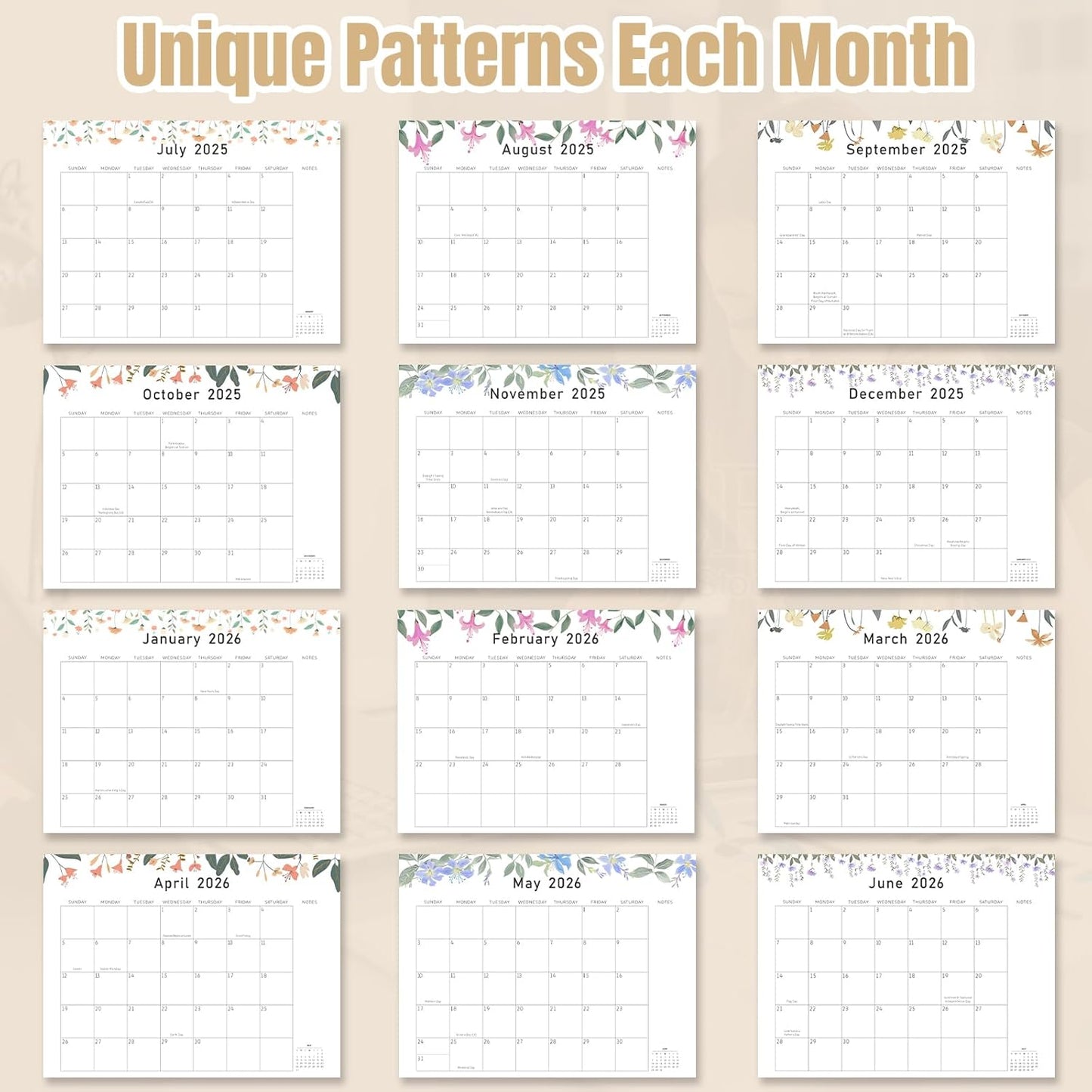 Gannyfer Large Desk Calendar 2025-2026 with Desktop Mat - 18 Month Table Calendar, 22" x 17" Desktop Pad Calendar for Planning and Organizing In Your Family, School or Office - Small Fresh Florals (6 Stickers Included) (Brown)