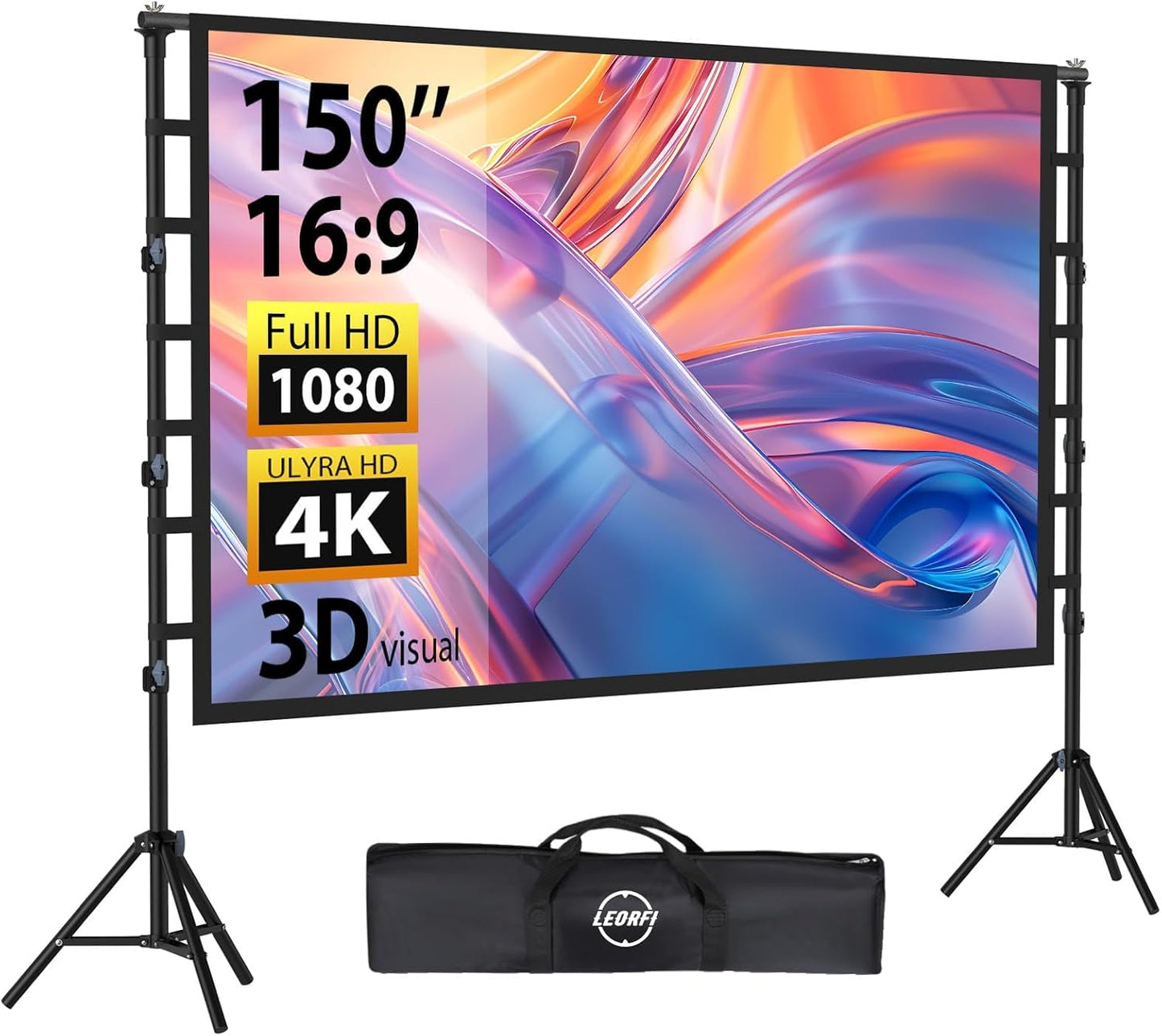 Outdoor Projector Screen with Stand: LEORFI 150 inch Projector Screen Portable, Indoor Projections Screen and Stand, Rear Front Movie Screen 16:9 4K Full HD,Support Height Adjustable for Home Theater