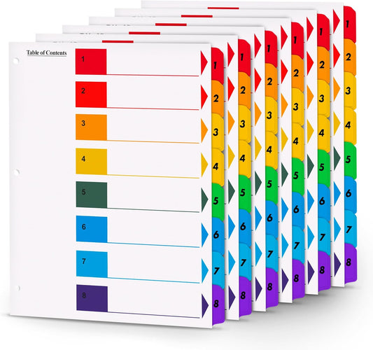 Tab Dividers for 3 Ring Binders – 6 Sets, 1–8 Numbered Index Dividers with Table of Contents – 8.5 x 11 in, 3-Hole Punched – Binder Dividers for School, Office, Filing, Organizing - 6 Pack