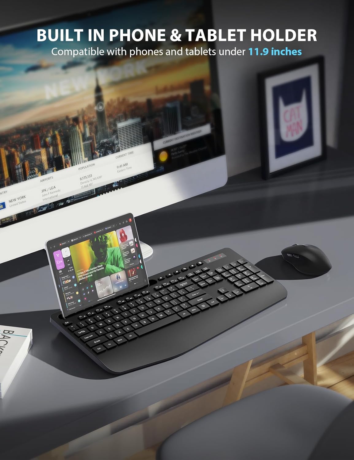 Wireless Keyboard and Mouse Combo 2 Pack - Full-Sized Ergonomic Keyboard with Wrist Rest, Phone Holder, Sleep Mode, Silent 2.4GHz Cordless Keyboard Mouse Combo for Computer, Laptop, PC, Mac, Windows