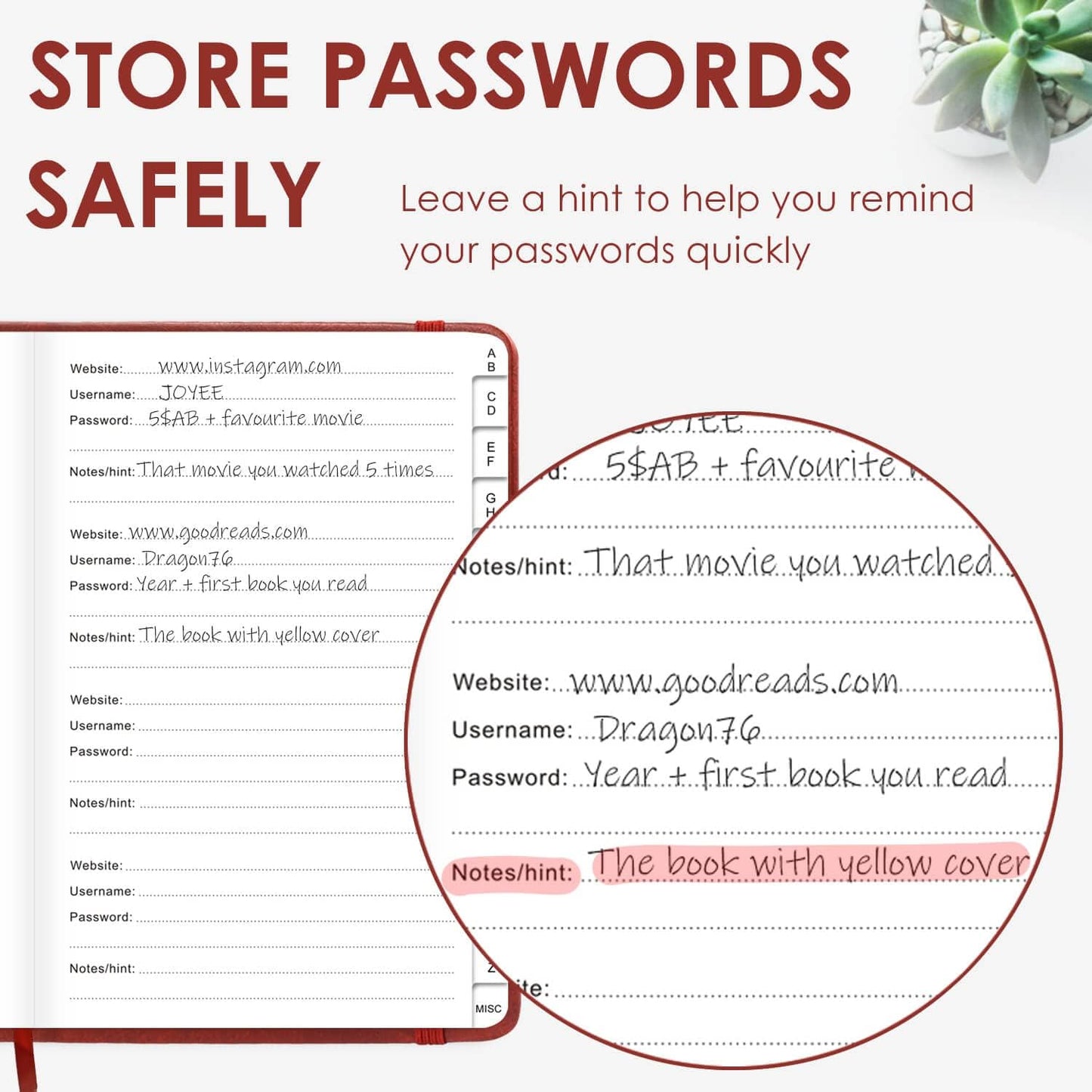 Elegant Password Book with Alphabetical Tabs - Hardcover Password Book for Internet Website Address Login - 5.2" x 7.6" Password Keeper and Organizer w/Notes Section & Back Pocket (Wine Red)