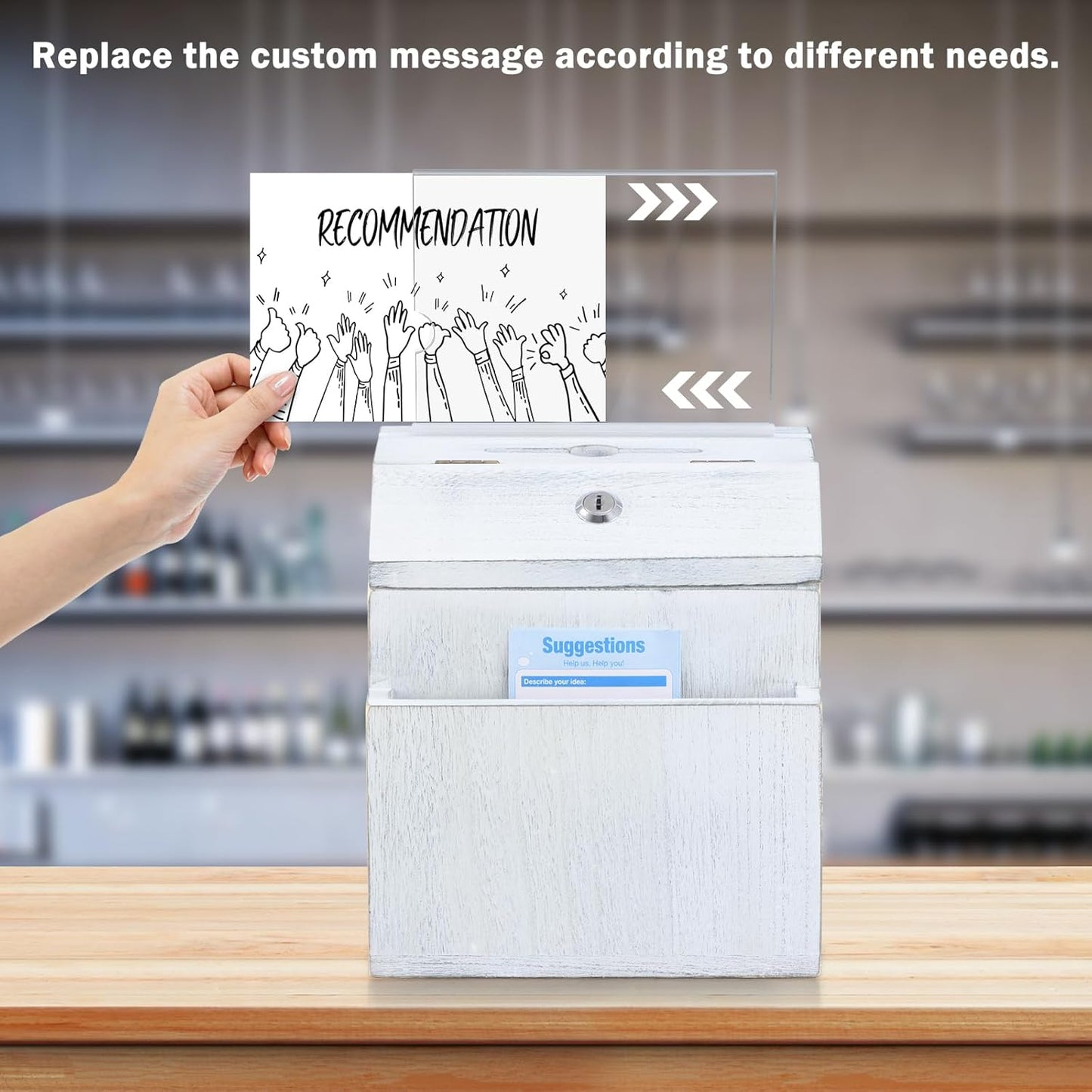 KYODOLED Wood Suggestion Box with Lock, Rustic White Ballot Box Donation and Key Drop Box with Acrylic Sign Holder and 30 Free Suggestion Cards, Wall Mounted or Freestanding, 9H x 6.9W x 8.5L Inch