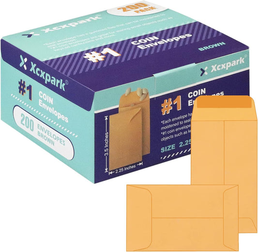 200PCS #1 Coin Envelopes 2.25x3.5 inches Brown Kraft Envelopes Classic Small Parts Gummed Flap for Coins, Cash, Credit Cards, Seeds