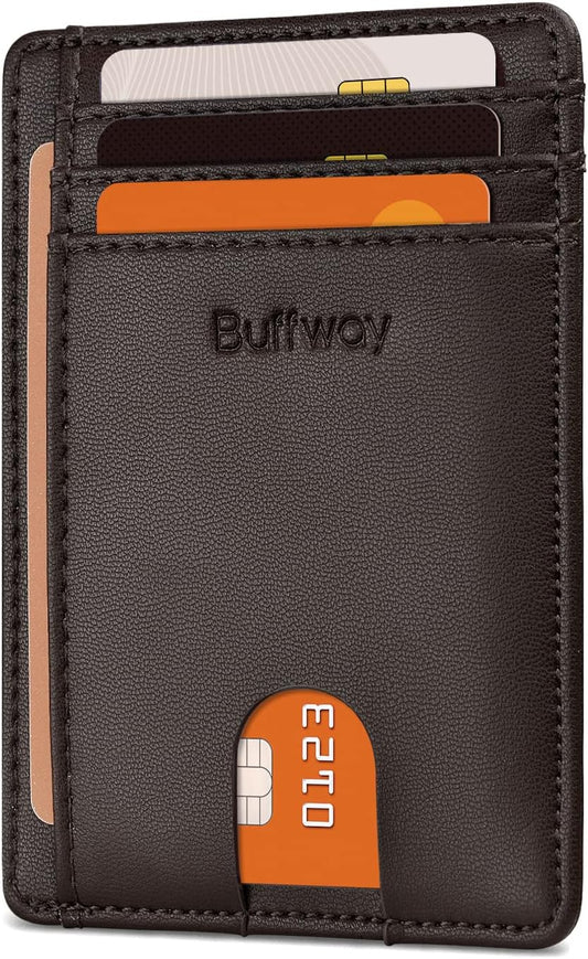 Buffway Slim Minimalist Front Pocket RFID Blocking Leather Wallets for Men and Women - Sand Chocolate