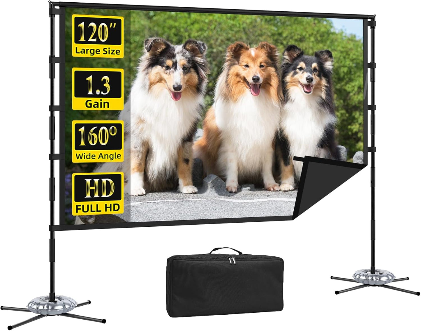 Outdoor Projector Screen and Stand,XINLEMY 120-inch Portable Wrinkle-Free Indoor Projection Screen Foldable Black Backing 16:9 HD Movie Screen Setup Quick for Home Theater Backyard Party Camping