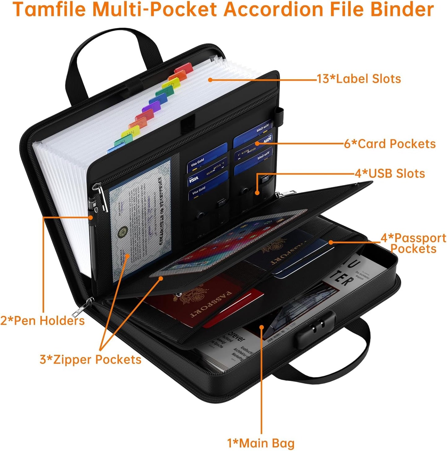 5200℉ Fireproof Accordion File Organizer with Lock, Thickened Document Organizer 13 Pocket with Zipper & Labels, Important Document Organizer, Expanding File Folder with Handle for Letter A4 (Black)