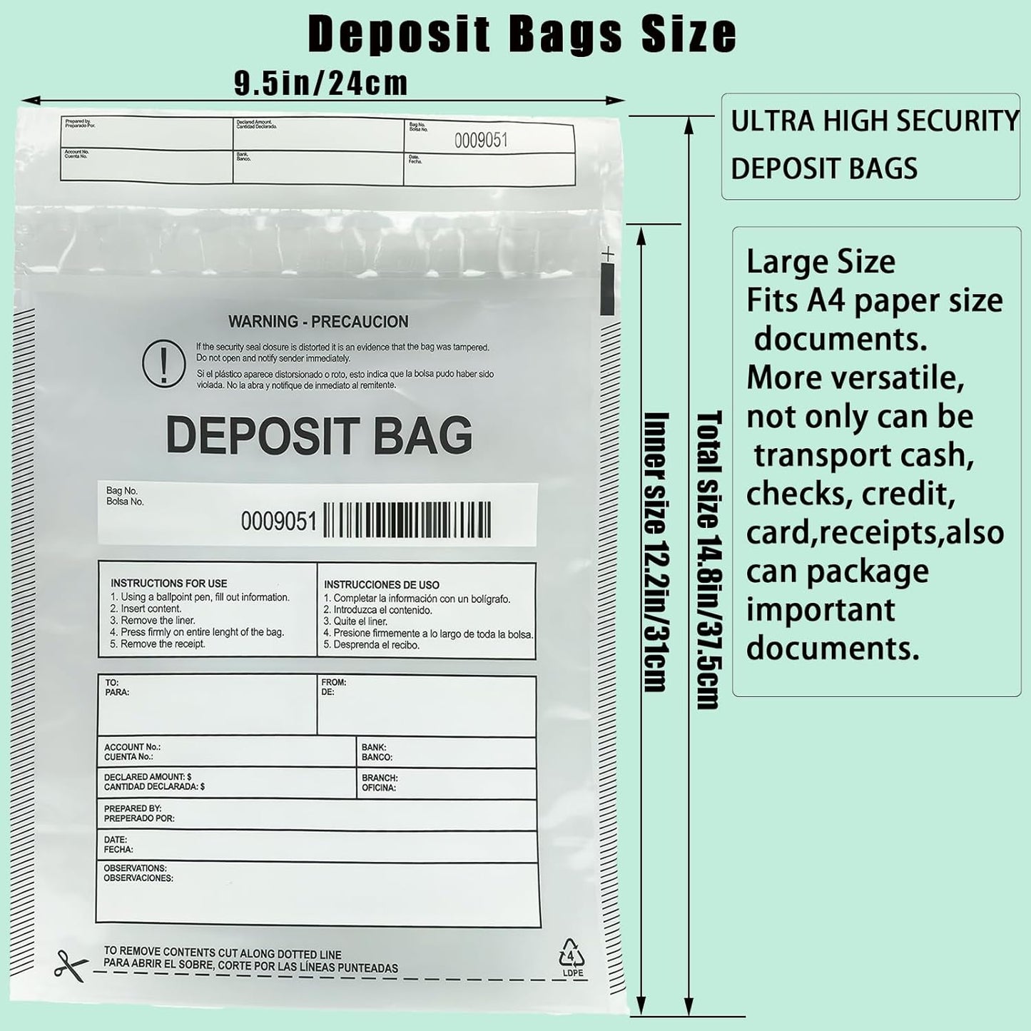 Plastic Deposit Bags 200-Pack Clear 9.5''x 15'', Security Bank Deposits Bags,Cash register bags,Money bag for Cash,Bank Pocket,Tamper-Evident Bag,Unique Barcode