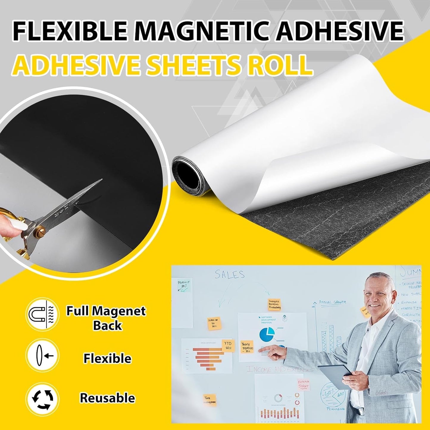16 Inch x 5 ft x 30mil Extra Large Adhesive Magnetic Sheet Roll Not Printable Adhesive Backing Cut and Customize Flexible Sheets Blank White Surface Magnetic Sign for Craft Photo Craft