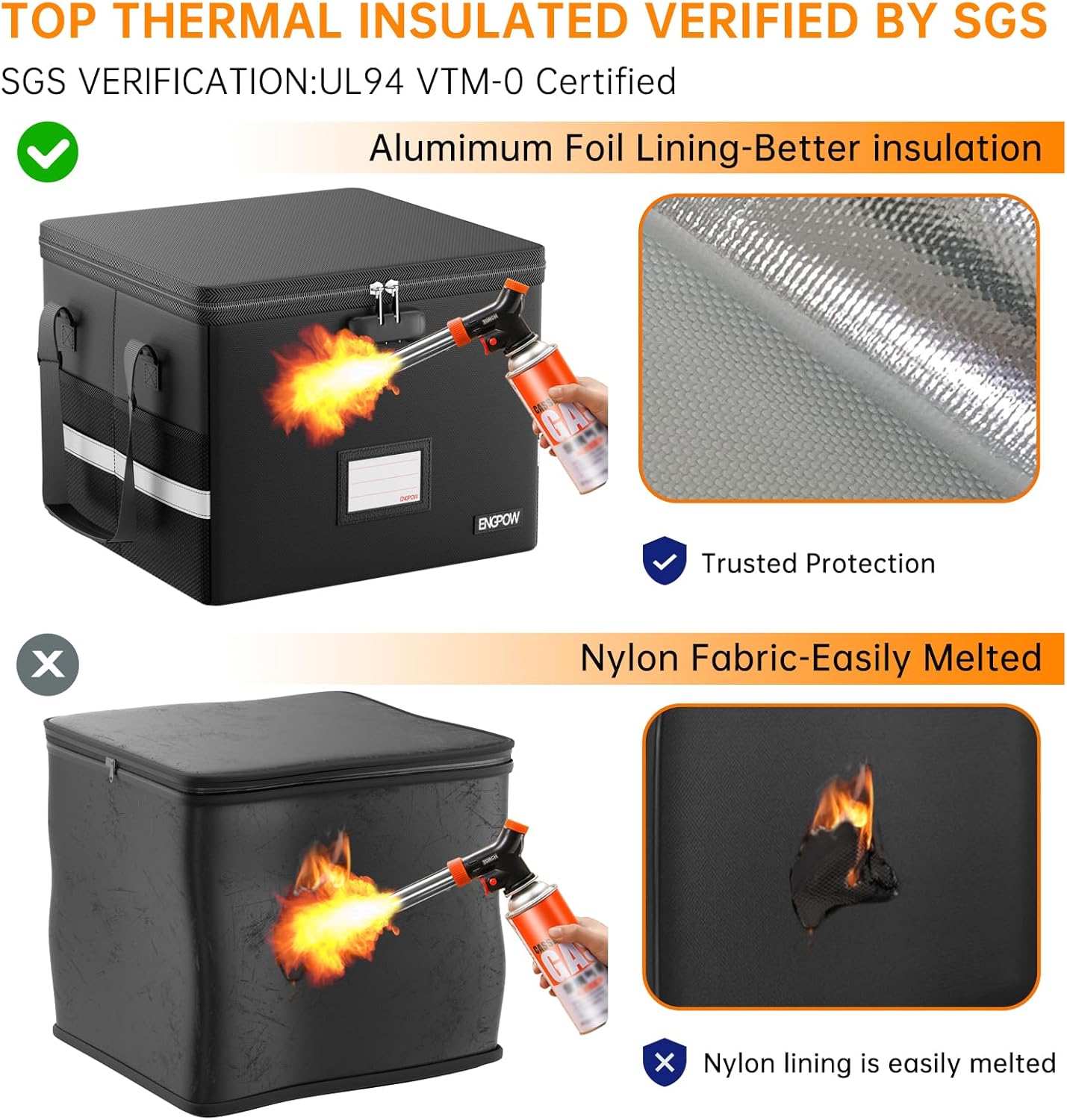 ENGPOW 5200°F Fireproof Document Box with Lock, Heat Insulated Collapsible File Storage Organizer with Handle, Portable Home Office File Cabinet for Hanging Letter/Legal Size Folder, Black