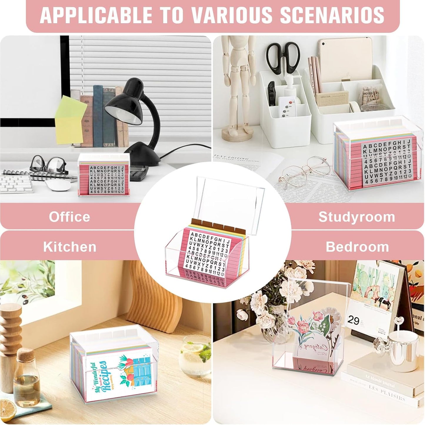 DLUGOPIS 3x5 Rose Gold Index Card Organizer Recipe Card Box Acrylic Flash Card Holder Index Card Box with Mirro Base 150 Ruled Lined Index Cards 30 Kraft Dividers Stickers For Holds 400 Note Cards