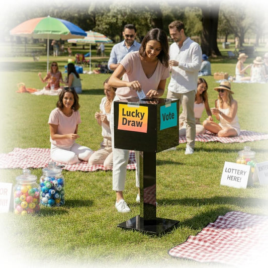 MOOFI Acrylic Suggestion Box with Lock and Key for Office, Home, Event Donation with Stand for Charity Church Collection Offering/Raffle Ballot Box with Sign Holder Display Stand (RaffleBox)