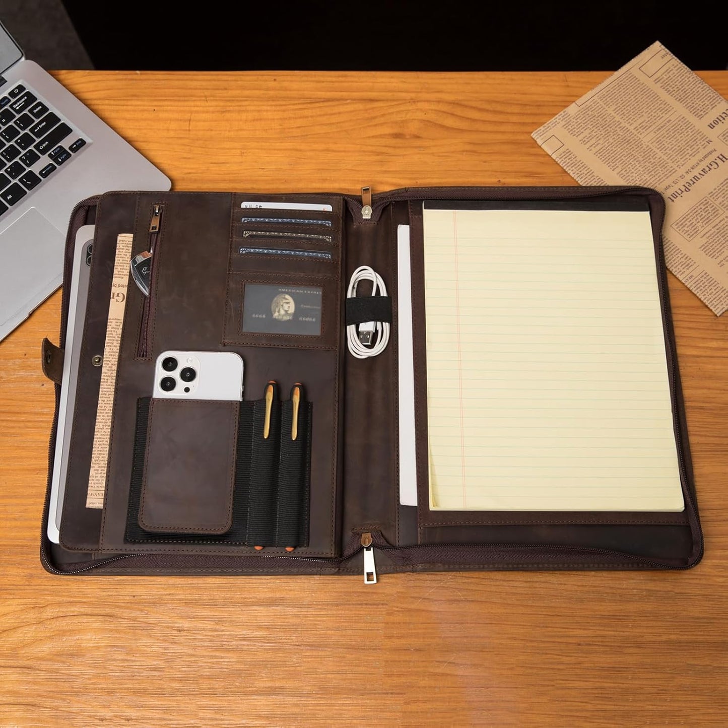 Genuine Leather Portfolio, Legal Size 8.5 x 14 Pad Holder, Business Padfolio for Men and Women, Zippered Laptop Organizer, Executive Professional Work Travel Notepad Folio, Dark Khaki
