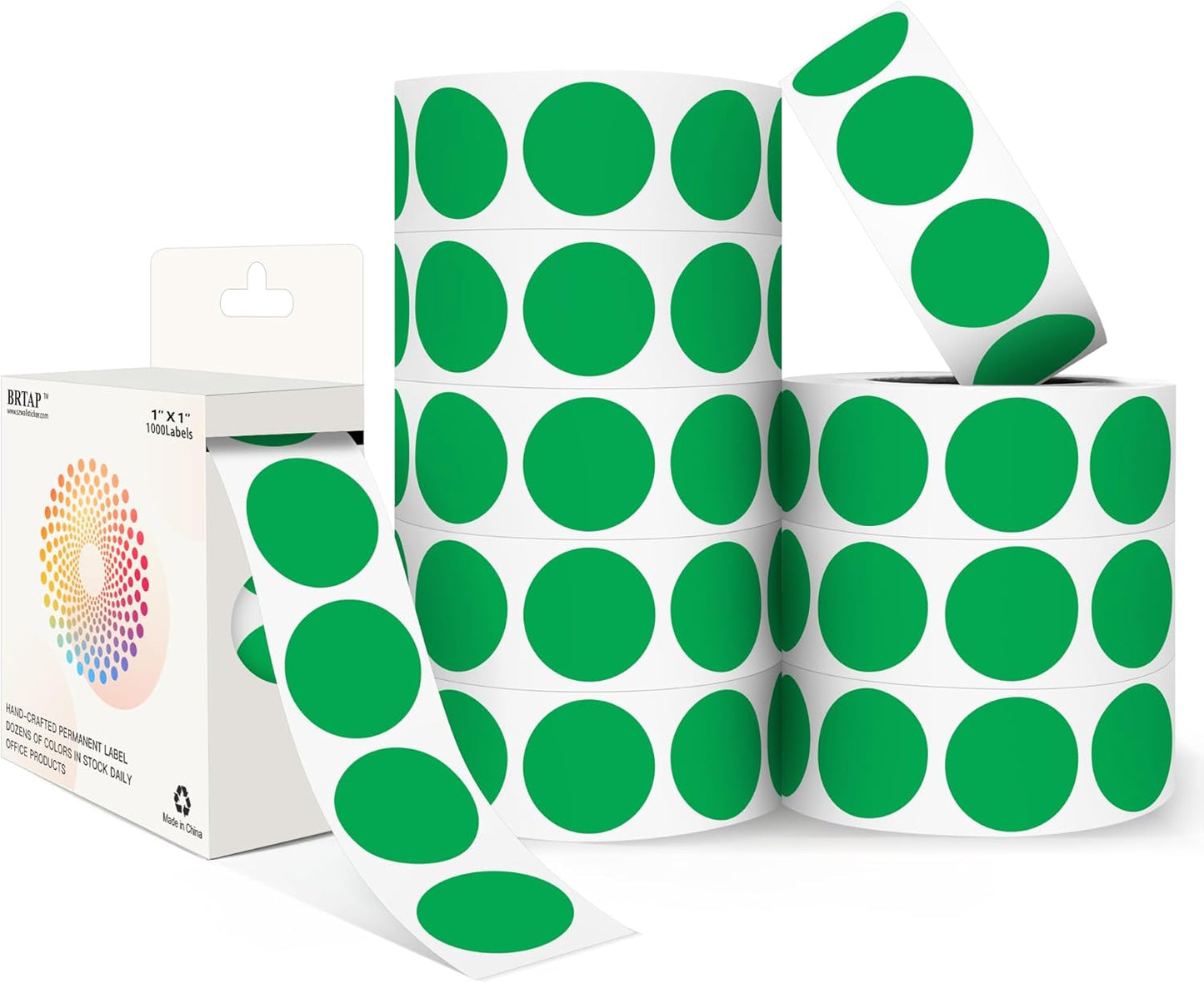 Green 1 Inch Round Color Coding Dot Labels, 10 Rolls 10000 Dot Stickers in Dispenser Box - Permanent Adhesion, Vibrant Colors, Highly Visible