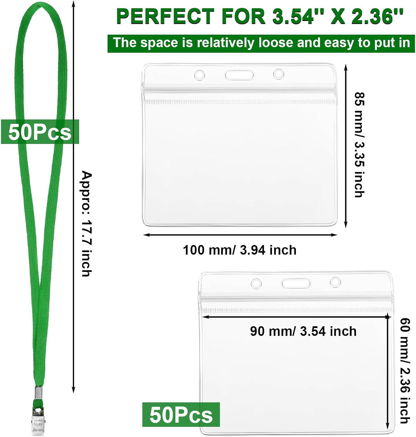 Marspark 50 Sets Clear Name Tags with Lanyard, Lanyards for ID Badges Reusable Strap with ID Holder Plastic Name Badges for Adults Business School Church Conference (Green)
