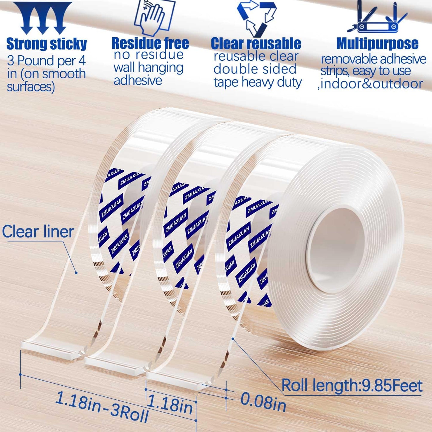 Clear Double Sided Adhesive Mounting Tape Heavy Duty Removable,Strong Picture Hanging Strips Wall Hangers,Sticky Tack Gel Putty Glue for Poster,Photo,Mirror,Carpet(9.85 Ft-3 Pack)