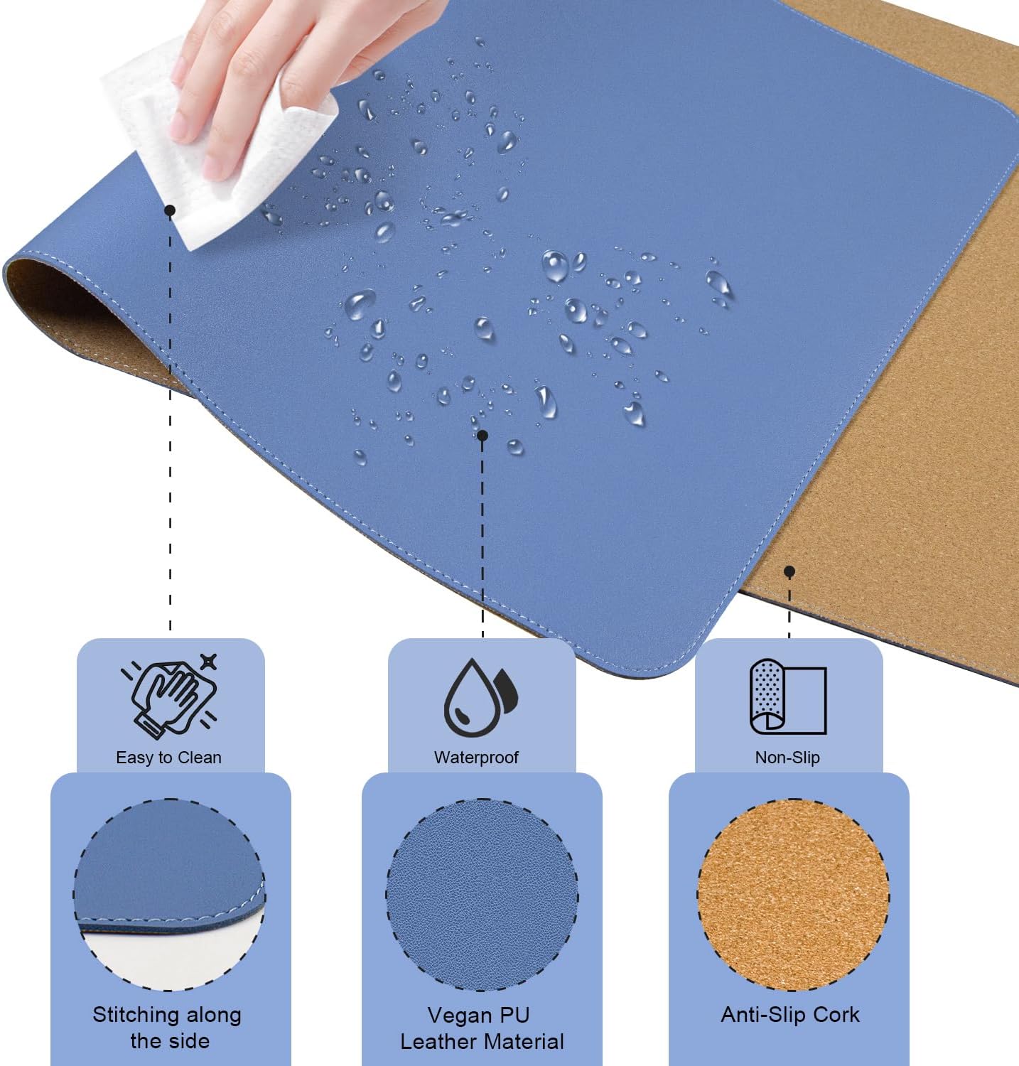 Non Slip Desk Mat, 31.5" x 15.7" PU Leather Desk Pad, Cork Desk Mat for Desktop, Desk Pad for Keyboard and Mouse, Ideal for Office and Home, Lake Blue