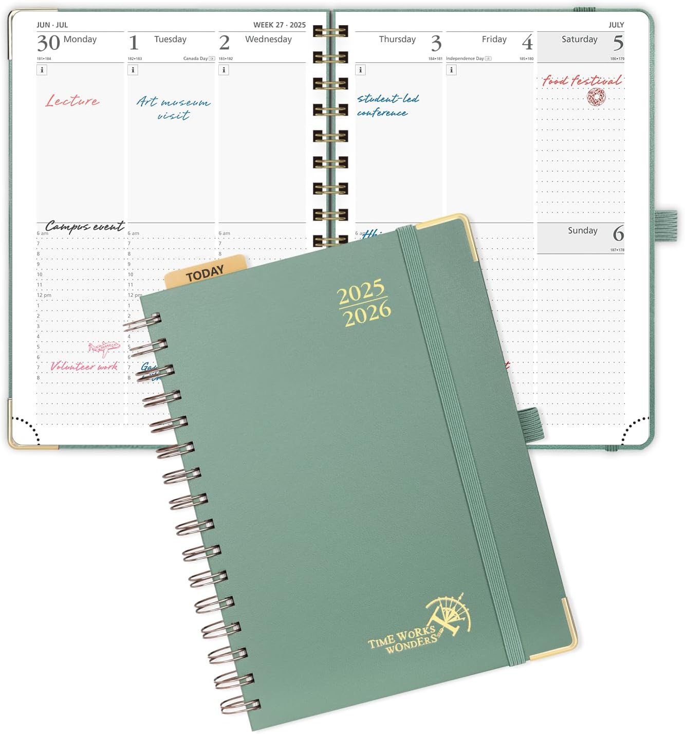 POPRUN Academic Planner 2025-2026 (July 2025-June 2026), Daily Weekly and Monthly Appointment Book (Wirebound Hard Cover - 6.25'' x 8.5'') with Hourly Time Slots, Tabs, 100 GSM - Midnight Green