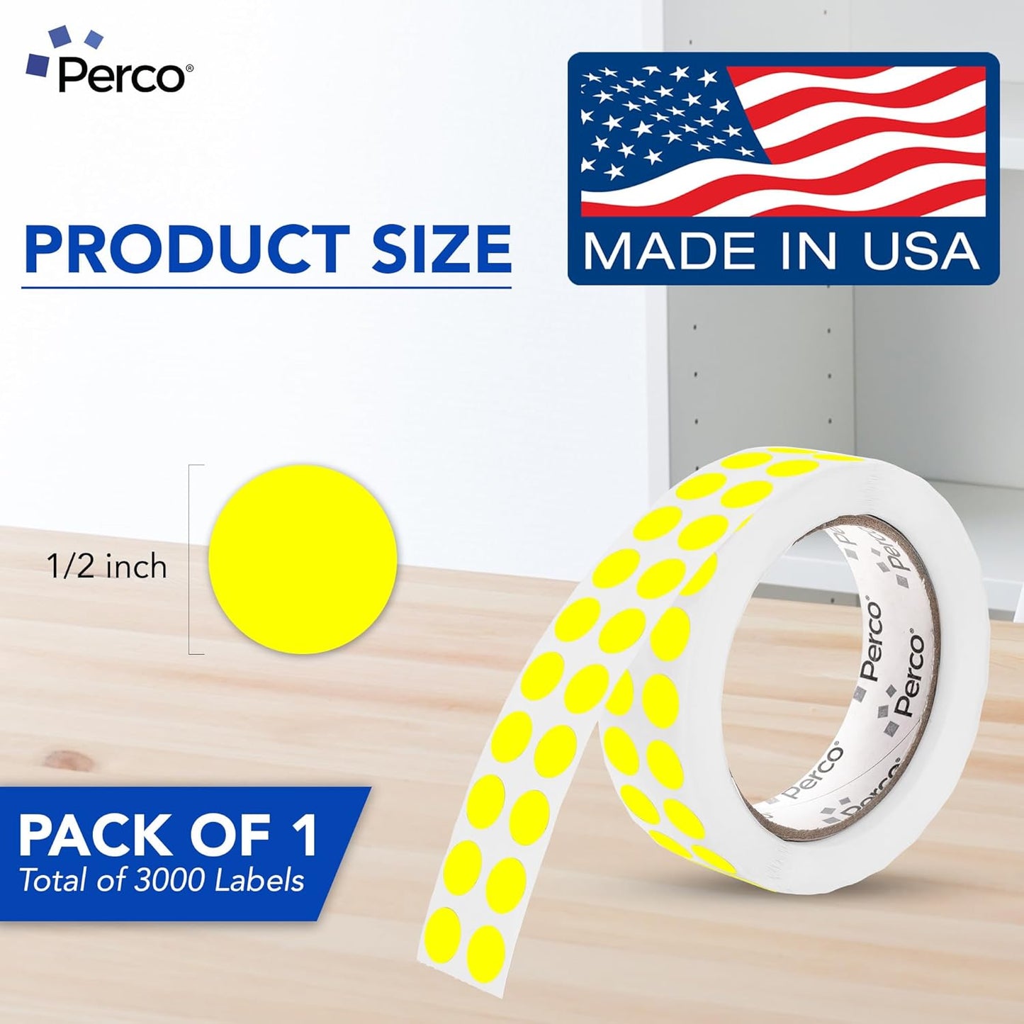 Perco Fluorescent Yellow 1/2-Inch Round Circle Dot Sticker Labels with Easy Peel Perforation - 3,000 Labels per Roll - Strong Adhesion, Vibrant Colors for Organizing, Crafting & More - Made in USA