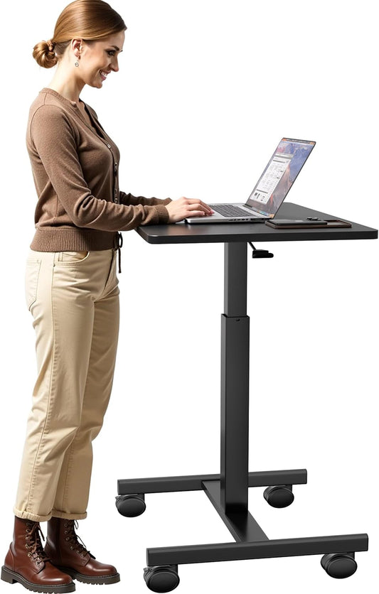 Mobile Laptop Standing Desk Adjustable Height, Small Mobile Desk Workstation with Wheels, Portable Rolling Computer Desk Cart for Home Office Classroom (Black)