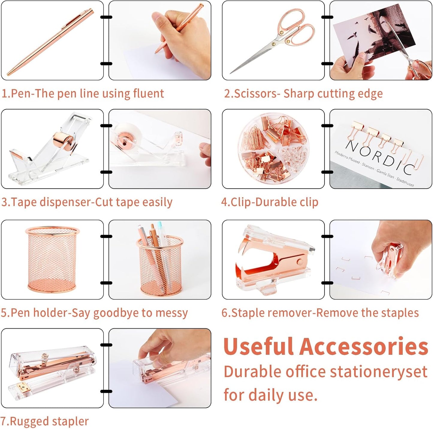 Rose Gold Desk Accessories, Office Supplies Set with Acrylic Stapler, Tape Dispenser, Staple Remover, Pen Holder, Scissor, Binder Paper Clips, 1 Ballpoint Pen, 1 Clear Tape and 1000pcs Staples
