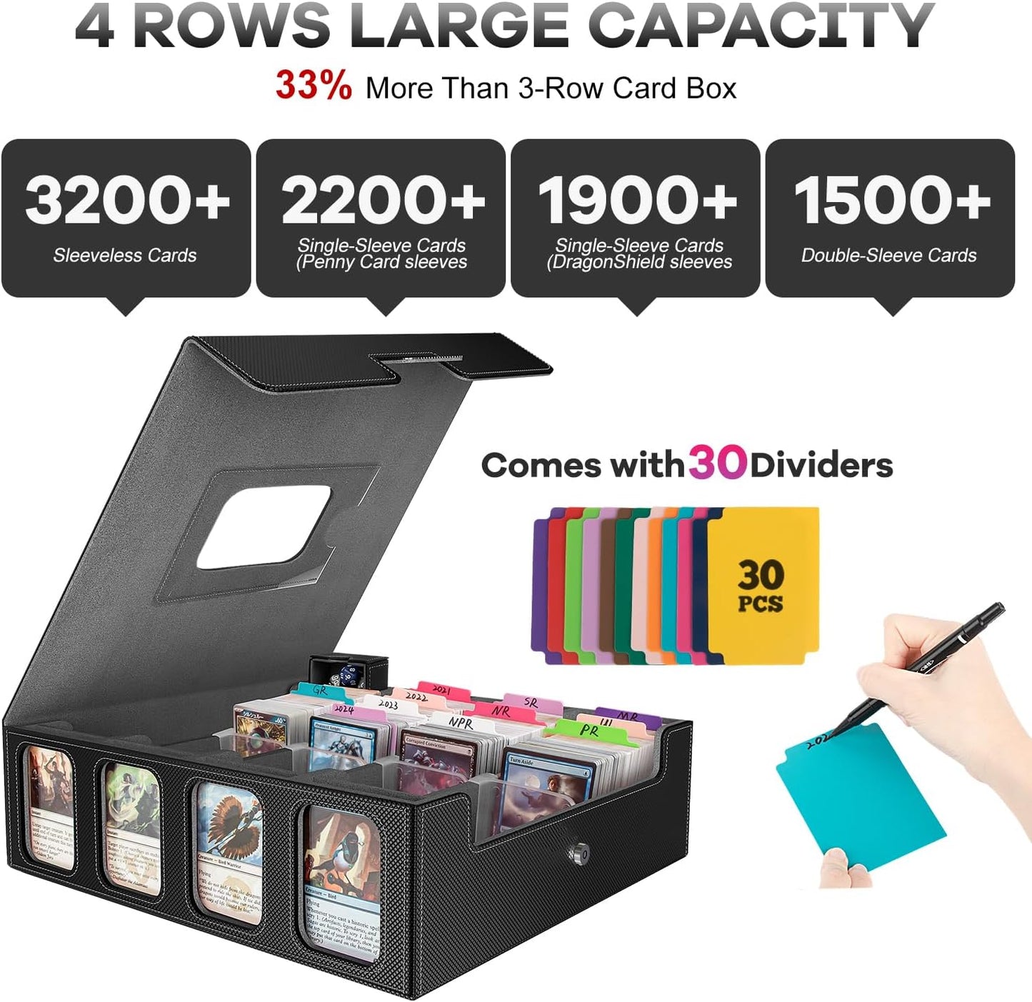 3200+ Trading Card Storage Box with Commander Display, 4 Row Card Deck Box with Portable Handle, Compatible for TCG/MTG/Magic Cards, 30 Colorful Divider, 8 Supporters, US Design Patent (Black&Grey)
