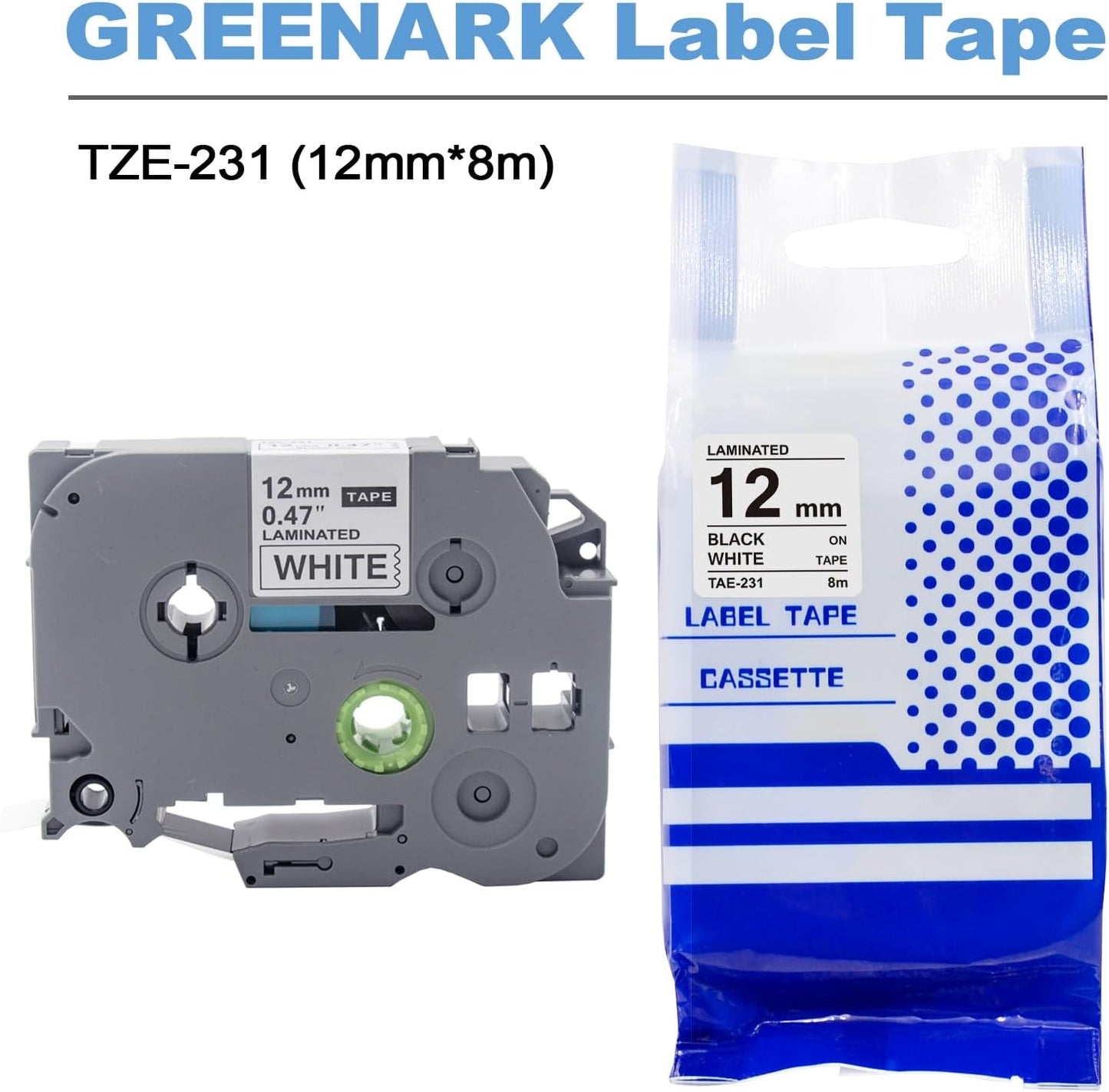 GREENARK TZe-231 TZe231 TZ TZE 231 131 132 133 431 531 631 731 Compatible Label Tape Laminated Black on White Replacement for Brother P-Touch Label Maker PT-J100 etc (12mm x 8m),8-Pack